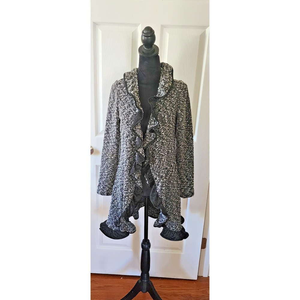 Joseph Ribkoff Jacket Lightweight Blk & Wht Tweed Ruffled Collar to Hem - Picture 14 of 15